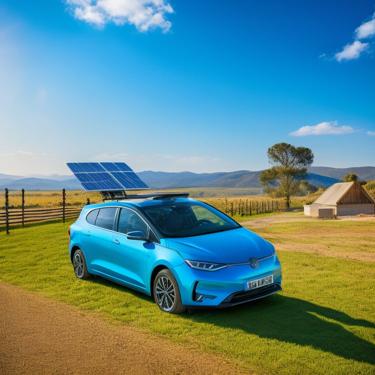 A bright blue electric vehicle parked in front of a sunny landscape with solar panels on the roof, surrounded by accessories like phone mounts and GPS devices powered by small solar panels.