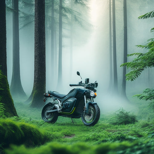 A serene forest landscape with a sleek, electric motorcycle in the foreground, surrounded by lush greenery and a faint mist, conveying a sense of eco-friendly adventure.