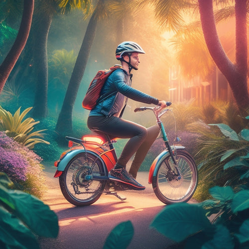 A vibrant, stylized illustration of a person riding an e-bike or electric scooter on a sunny day, surrounded by lush greenery and subtle electric sparks or neon lights tracing their path.