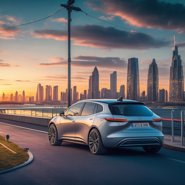 A futuristic, minimalist background with a sleek, silver electric vehicle parked in front of a cityscape at sunset, surrounded by scattered charging cables and adapters in various colors.