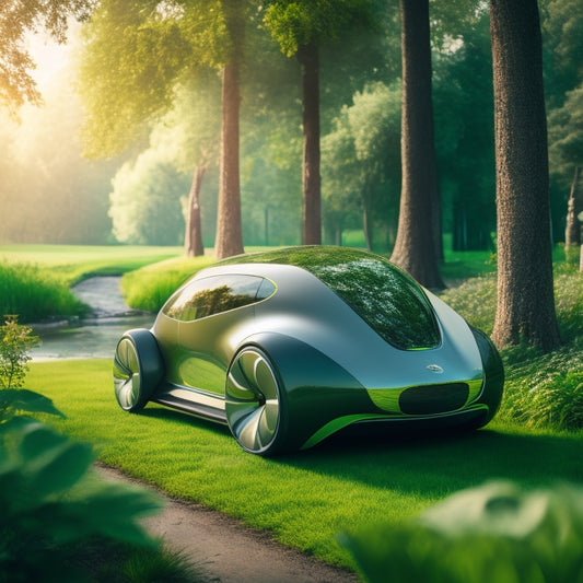 A futuristic, eco-friendly car with sleek, aerodynamic lines, surrounded by lush greenery, with interchangeable, recycled car parts and accessories neatly organized in the background.