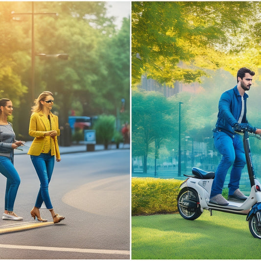 A split-screen image featuring a crowded city street with traffic congestion on one side and a person effortlessly gliding on an affordable e-scooter alternative on the other, with a city park or greenery in the background.