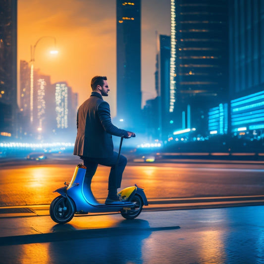 A futuristic cityscape at dusk with a solitary rider on a sleek, silver electric scooter, illuminated by soft blue lights, with bright yellow caution lines and reflective strips on the scooter's body.