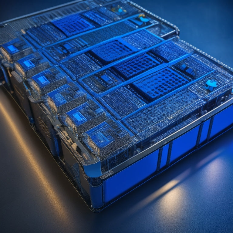 A futuristic, high-contrast illustration of a modular EV battery pack with glowing blue accents, featuring arrays of densely packed cells, heat sinks, and intricate wiring, set against a dark grey or metallic background.