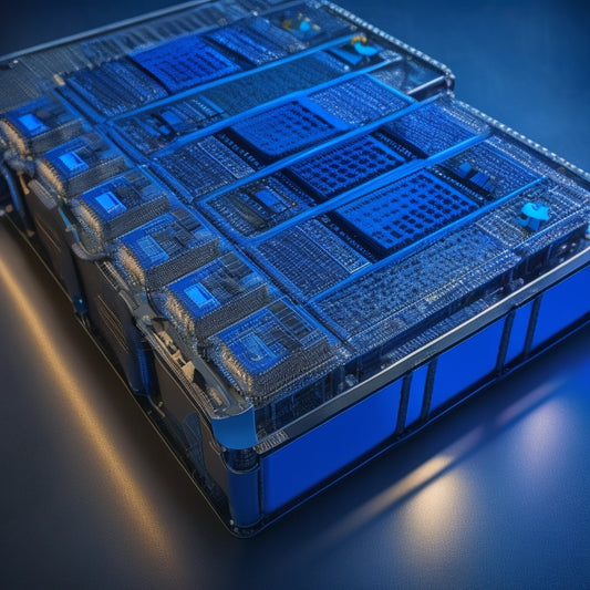 A futuristic, high-contrast illustration of a modular EV battery pack with glowing blue accents, featuring arrays of densely packed cells, heat sinks, and intricate wiring, set against a dark grey or metallic background.