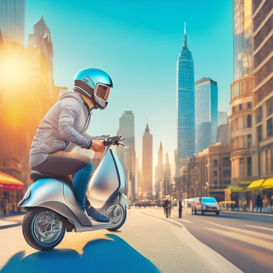 A stylized illustration of a helmet-wearing rider on a sleek, silver electric scooter, set against a bright, sunny cityscape with blurred pedestrians and buildings, surrounded by subtle, swirling motion lines.