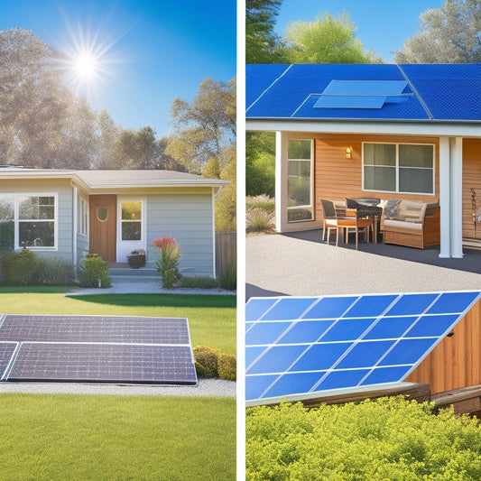 A split-screen image: a sunny backyard with solar panels installed on a roof on one side, and a graph with a downward trending line and a dollar sign on the other, surrounded by subtle sunlight rays.