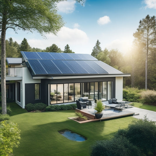 A serene suburban home with a sloping roof, partially covered in sleek, black solar panels, set against a bright blue sky with a few puffy white clouds, surrounded by lush greenery.