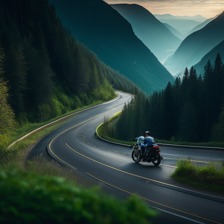 A scenic mountain highway unwinds into the distance, flanked by lush green forests, with a sleek, black electric motorcycle rounding a curved bend, leaving a trail of winding road behind.