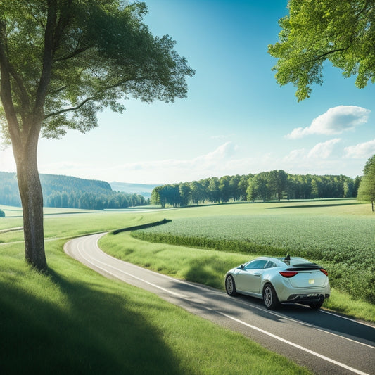 A serene landscape with a winding road, surrounded by lush green trees and a bright blue sky, featuring a sleek, silver, electric vehicle in the distance, emitting a green aura.