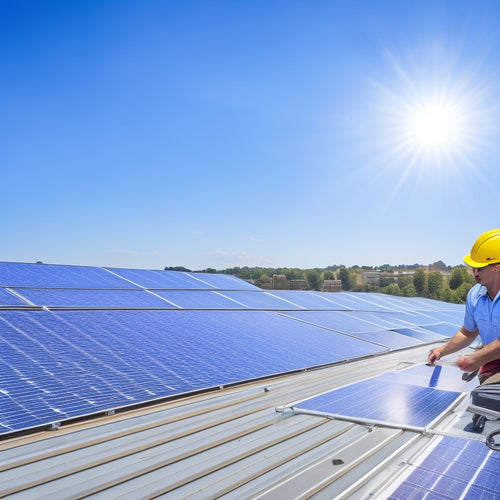 A sunny sky with a few white, puffy clouds, a rooftop with a few solar panels, and a person in a yellow hard hat and orange vest, holding a toolbox and inspecting the panels.