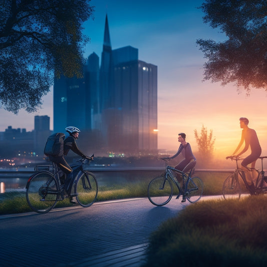 A futuristic cityscape at dusk with sleek, modern e-bikes parked at a docking station, surrounded by greenery, with a blurred cyclist in the background, under a vibrant, starry night sky.