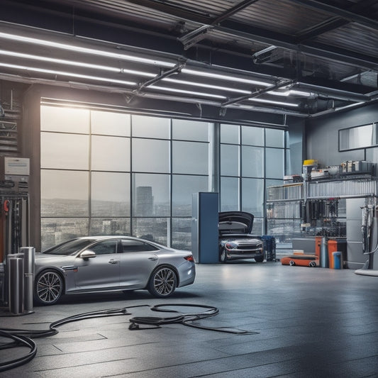 A modern garage with a sleek, silver car in the center, surrounded by various car battery charging systems, cables, and tools, with a subtle cityscape visible through the window.