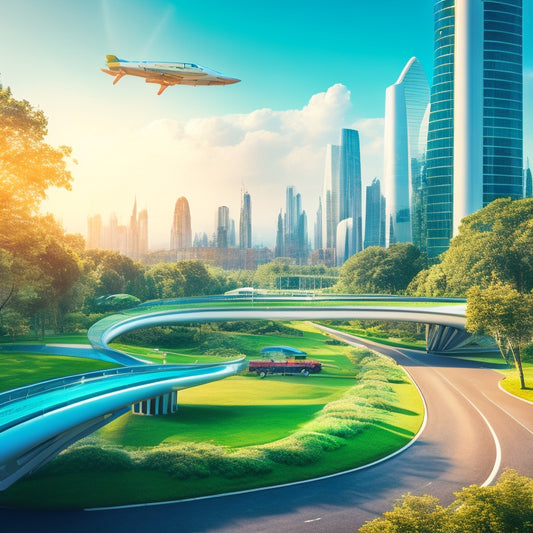 A futuristic cityscape with sleek, curved skyscrapers and verdant parks, featuring electric and self-driving vehicles, hyperloops, and elevated pedestrian walkways, amidst a backdrop of clear blue skies and lush greenery.