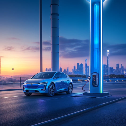 A futuristic, modern EV charging station with sleek, silver columns, surrounded by a cityscape at dusk, with a blurred electric vehicle in the foreground, and a subtle, glowing blue light emanating from the station.