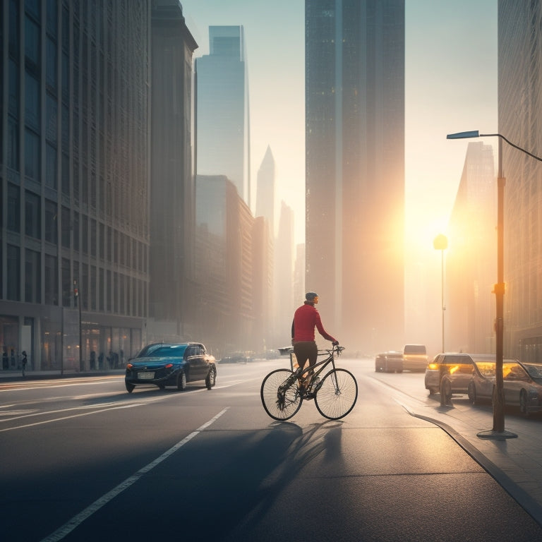 A serene cityscape at dawn, with a solitary commuter riding an electric bicycle, with a subtle glow emanating from the wheels, amidst a blurred background of skyscrapers and busy streets.