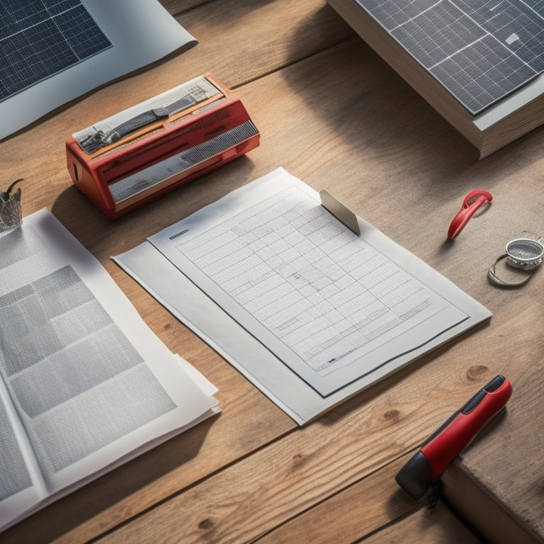 A sunny day with a rooftop solar panel installation, with a subtle crack or damaged panel in the corner, surrounded by scattered papers, a magnifying glass, and a red pen, on a cluttered office desk.