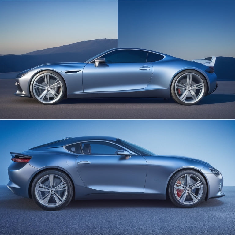 A sleek, silver sports car with swirling wind lines and air flow visualizations, set against a gradient blue background, with subtle grid lines and geometric shapes suggesting aerodynamic design elements.