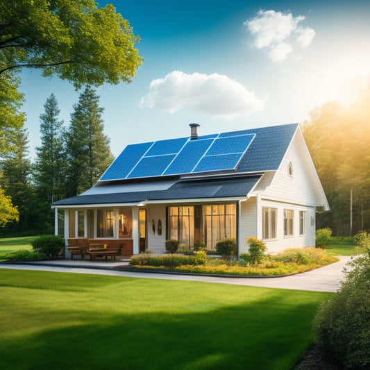 A serene suburban home with a sloping roof, adorned with a sleek solar panel array, surrounded by lush green trees and a bright blue sky with a few puffy white clouds.