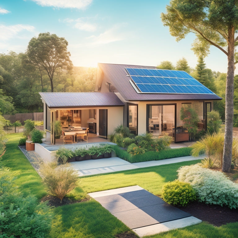 A serene, sunny backyard with a modern house featuring a rooftop solar panel array, surrounded by lush greenery and a few scattered solar panels and tools, with a subtle cityscape in the background.