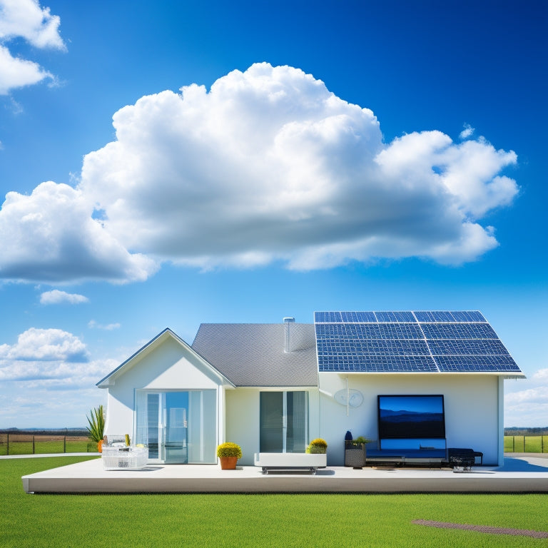 A serene background with a subtle gradient of blue skies and fluffy white clouds, featuring a stylized illustration of a house with solar panels on the roof, surrounded by minimalistic icons of a laptop and a shopping cart.