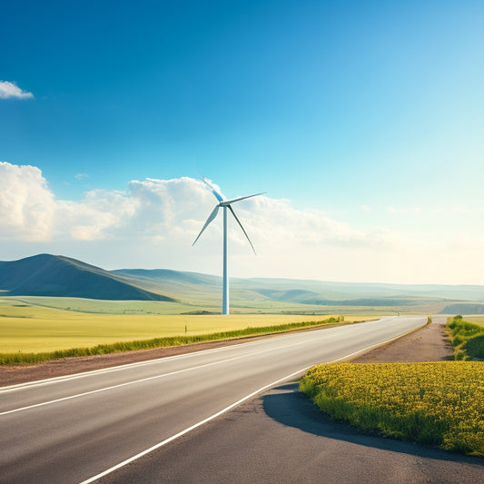 A serene landscape with a winding road, a sleek electric vehicle in the distance, and a backdrop of wind turbines and solar panels under a bright blue sky with fluffy white clouds.