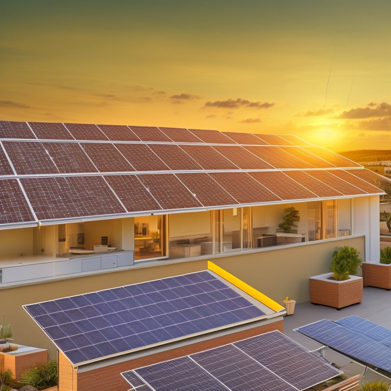 An illustration of a residential rooftop with a solar panel array, with colorful data visualization elements overlaid, including graphs, charts, and gauges, surrounded by digital tablets and laptops displaying performance metrics.