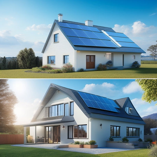 An illustration of a residential house with a split facade: one side with traditional roofing, the other with solar panels, amidst a bright blue sky with fluffy white clouds and a subtle sun.