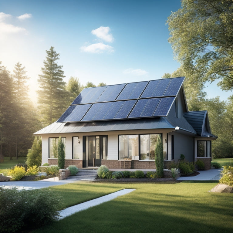 A serene, eco-friendly suburban home with sleek, black solar panels installed on the roof, surrounded by lush green trees and a bright blue sky with a few puffy white clouds.