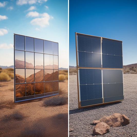 A split-screen image: a dilapidated, worn-out solar panel with rusty edges and broken glass on one side, and a sleek, modern, high-efficiency solar panel with a silver frame and pristine glass on the other.