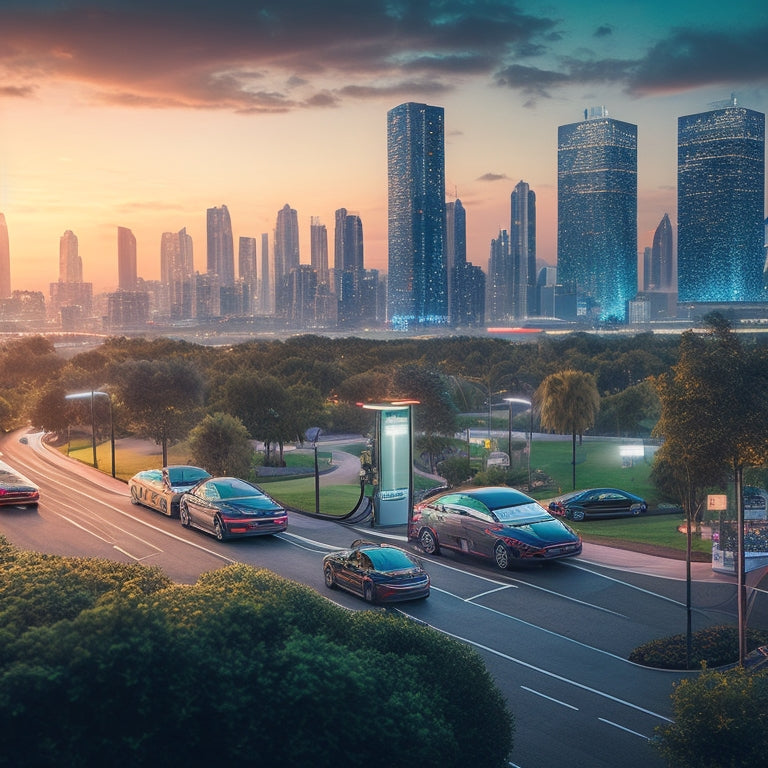 An illustration of a futuristic cityscape at dusk, with electric vehicles plugged into charging stations, surrounded by greenery and sleek, modern buildings, with a subtle grid of circuits and battery icons in the background.