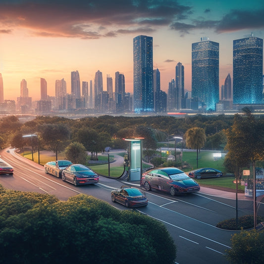 An illustration of a futuristic cityscape at dusk, with electric vehicles plugged into charging stations, surrounded by greenery and sleek, modern buildings, with a subtle grid of circuits and battery icons in the background.