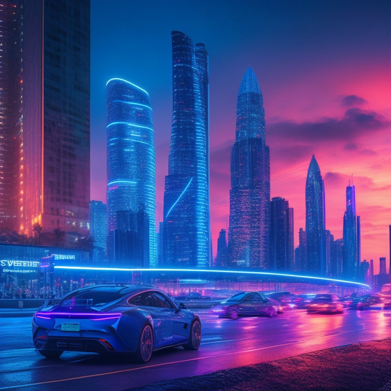 A futuristic cityscape at dusk with sleek, curved skyscrapers and neon-lit streets, featuring a prominent electric vehicle charging station surrounded by swirling, glowing blue circuits and wires.