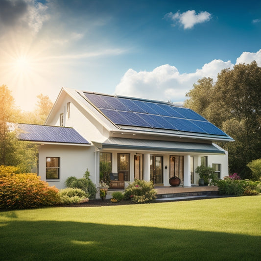 A serene suburban home with a mix of solar panels on the roof, some angled, some flat, amidst lush greenery and a bright blue sky with a few puffy white clouds.