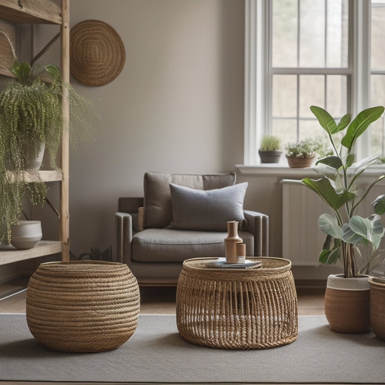 A serene, naturally lit living room with a minimalist aesthetic, featuring a reclaimed wood shelf, woven basket storage, and a few potted plants, surrounded by soothing earth tones and plenty of negative space.