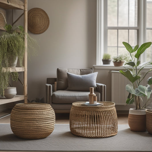 A serene, naturally lit living room with a minimalist aesthetic, featuring a reclaimed wood shelf, woven basket storage, and a few potted plants, surrounded by soothing earth tones and plenty of negative space.