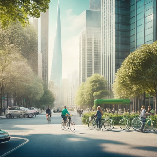 An illustration of a bustling city street with sleek, futuristic bicycles and scooters in shades of mint green, silver, and wooden tones, amidst lush greenery and modern skyscrapers.