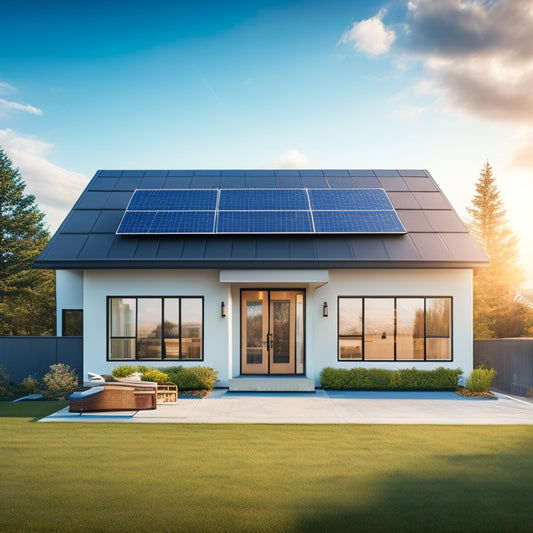 A serene suburban home with a sleek, modern design, featuring a rooftop array of shiny black solar panels, set against a bright blue sky with a few puffy white clouds.