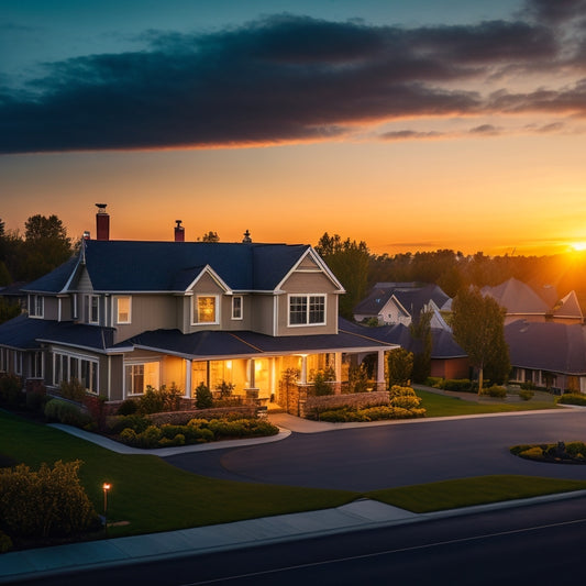 A serene suburban neighborhood at dusk with several houses featuring sleek, black solar panels installed on rooftops, amidst a warm orange-yellow sky with a few fluffy white clouds.