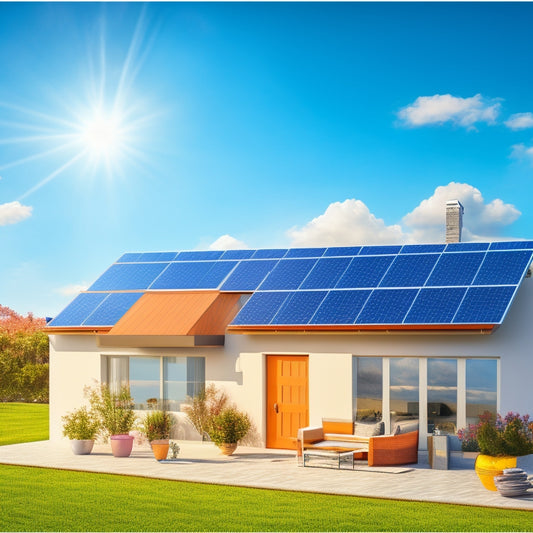 An illustration of a modern home with solar panels on the roof, surrounded by icons of coins, discounts, and online shopping carts, set against a bright blue sky with fluffy white clouds.