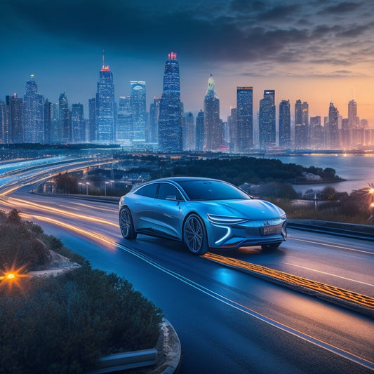 A futuristic background with a sleek, silver electric vehicle parked in front of a cityscape at dusk, with glowing blue charging cables and a subtle grid of circuit boards in the sky.