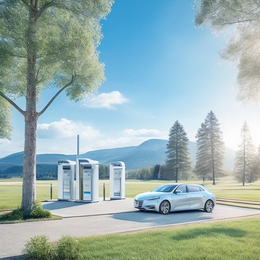 A serene landscape with a sleek, silver electric vehicle parked in front of a modern, solar-powered charging station, surrounded by vibrant greenery and a bright blue sky with fluffy white clouds.