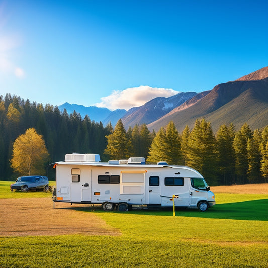 A serene landscape featuring a parked RV with a solar panel system installed on its roof, surrounded by trees and a sunny sky, with a subtle hint of a mountain range in the background.