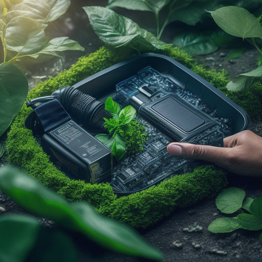 A futuristic illustration of a disassembled electric vehicle battery being carefully sorted and categorized by a gloved hand, surrounded by greenery and recycling symbols.