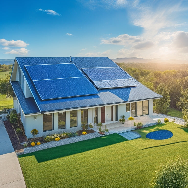 A serene, modern suburban home with a slight aerial view, showcasing a roof partially covered with sleek, black solar panels, amidst a backdrop of blue sky and fluffy white clouds.