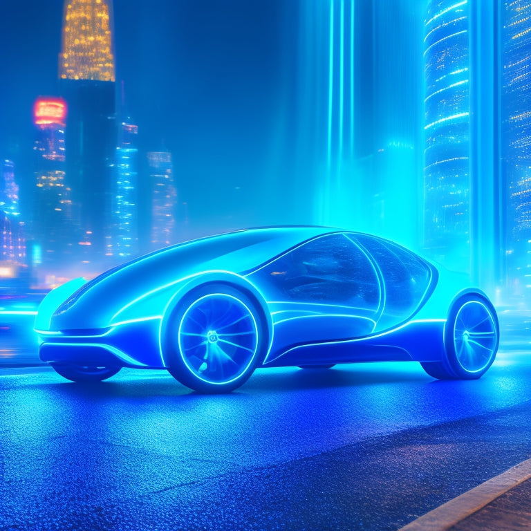 Illustrate a futuristic, sleek electric vehicle with glowing blue circuits and wires visible beneath its transparent hood, emitting bright, swirling energy rings that power surrounding city buildings.