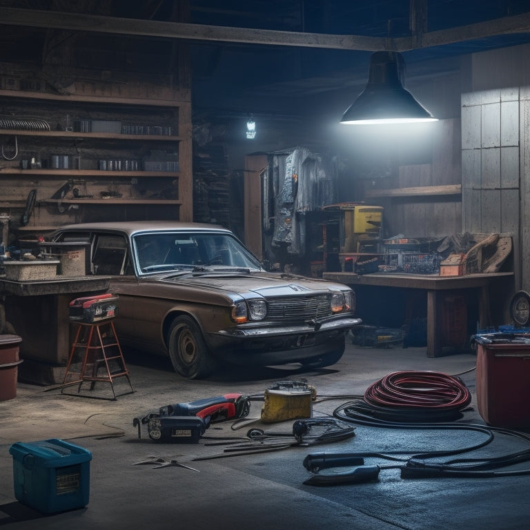 A dimly lit garage with a car in the background, a DIY workbench in the center with various tools and a rechargeable car battery, surrounded by scattered wires, cables, and a multimeter.