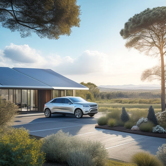 A serene landscape with a sleek, silver SUV parked in front of a modern, sustainable home, adorned with rooftop solar panels, surrounded by lush greenery and a bright blue sky.