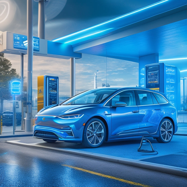 A futuristic illustration of a sleek, silver electric vehicle parked in front of a modern, gleaming charging station, with vibrant blue electricity bolts arcing between them, surrounded by swirling circuits and battery cells.