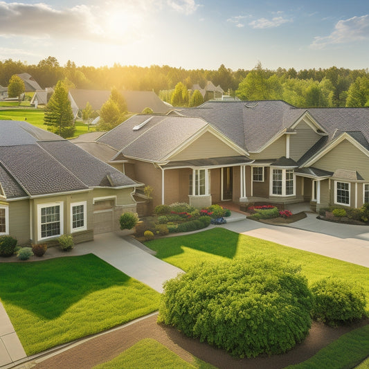 A serene, sun-drenched suburban neighborhood with various roof types (asphalt shingle, metal, tile) showcasing different roof-mounted solar panel installations, with subtle shading and realistic shadows.